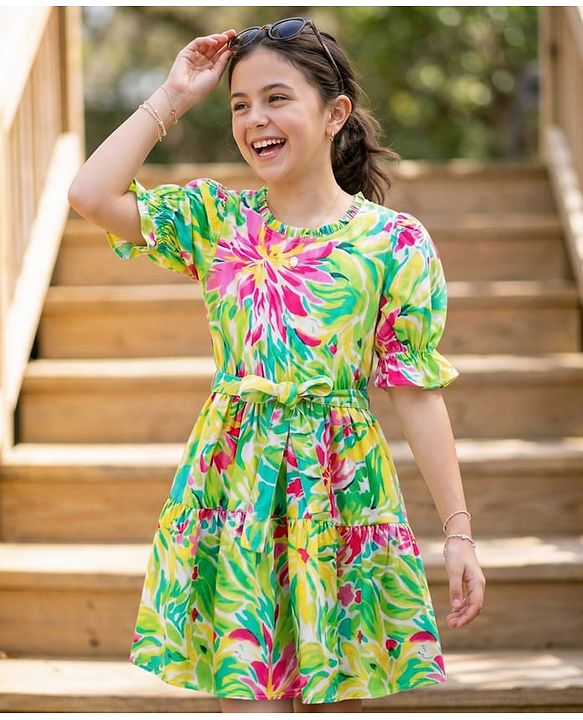 Pine Kids Rayon Woven Half Sleeves Dress With Floral Print - Light Green