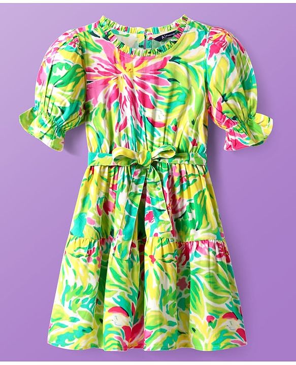 Pine Kids Rayon Woven Half Sleeves Dress With Floral Print - Light Green