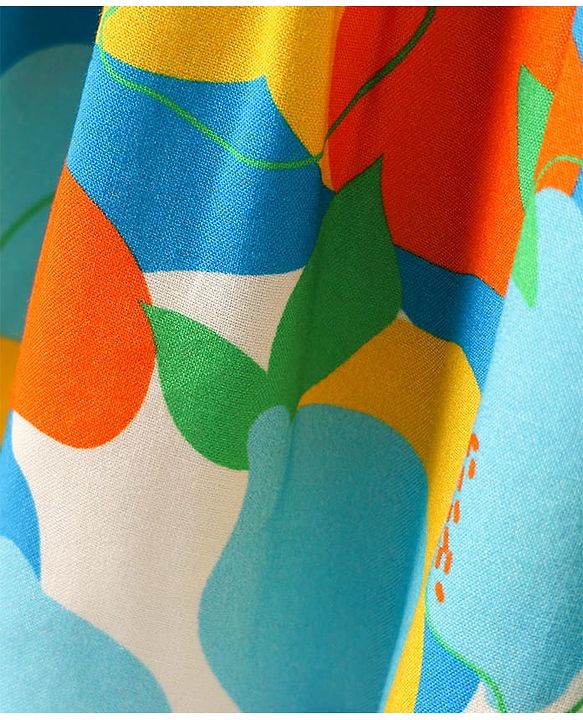 Pine Kids Rayon Woven Sleeveless Tiered Frock with Fruits Print - Light Blue