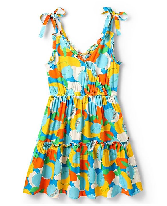 Pine Kids Rayon Woven Sleeveless Tiered Frock with Fruits Print - Light Blue