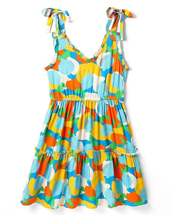 Pine Kids Rayon Woven Sleeveless Tiered Frock with Fruits Print - Light Blue
