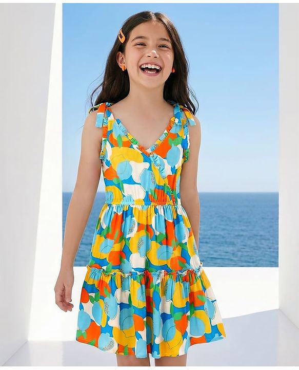 Pine Kids Rayon Woven Sleeveless Tiered Frock with Fruits Print - Light Blue