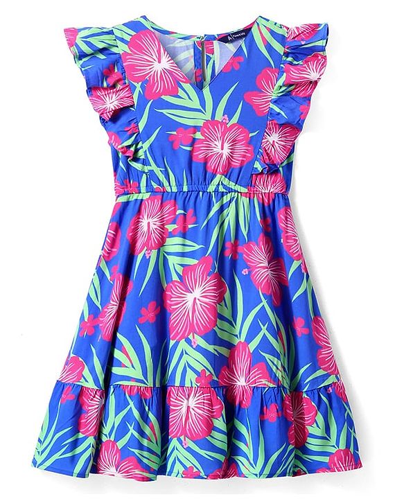 Pine Kids Rayon Woven Frill Sleeves Dress With Floral & Leaf Print - Blue