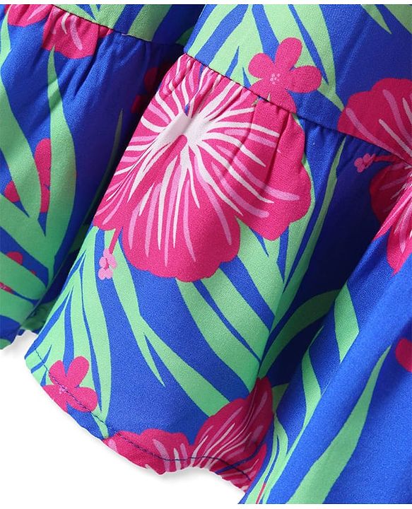 Pine Kids Rayon Woven Frill Sleeves Dress With Floral & Leaf Print - Blue