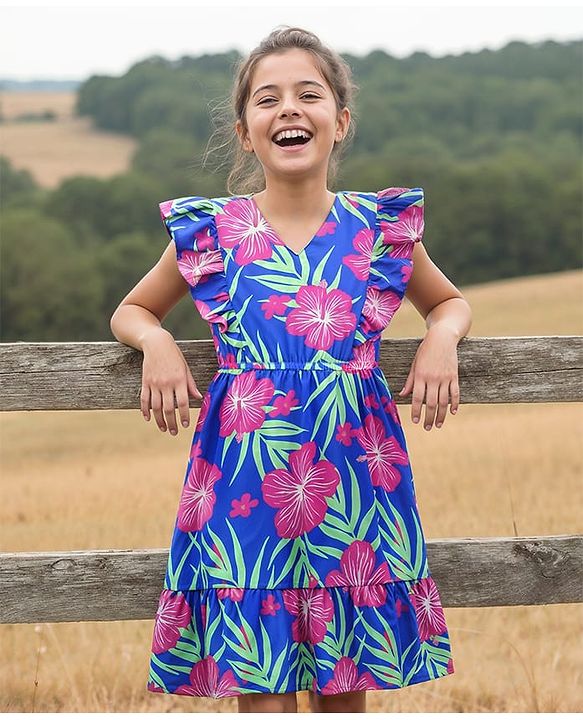 Pine Kids Rayon Woven Frill Sleeves Dress With Floral & Leaf Print - Blue