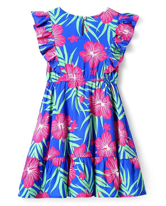 Pine Kids Rayon Woven Frill Sleeves Dress With Floral & Leaf Print - Blue