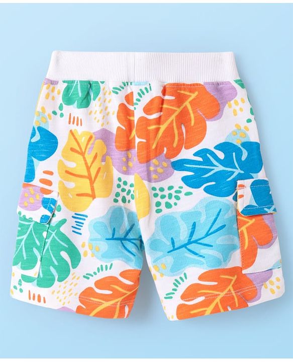 Babyhug Terry Knit Mid Thigh Shorts With Leaf Print - White
