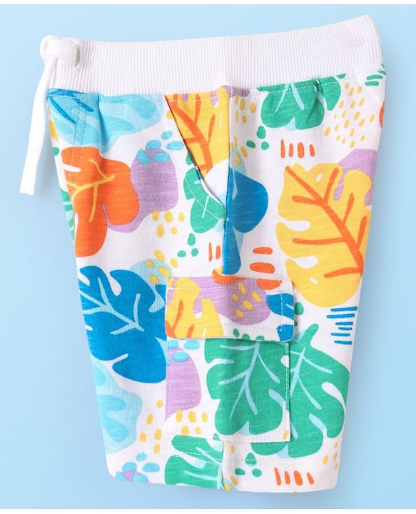 Babyhug Terry Knit Mid Thigh Shorts With Leaf Print - White