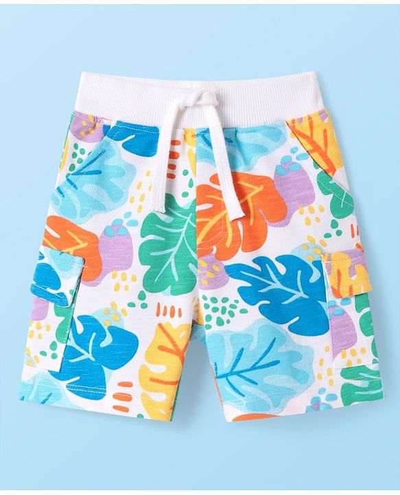 Babyhug Terry Knit Mid Thigh Shorts With Leaf Print - White