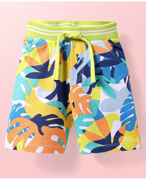 Babyhug Terry Knit Mid Thigh Shorts With Leaf Print - White