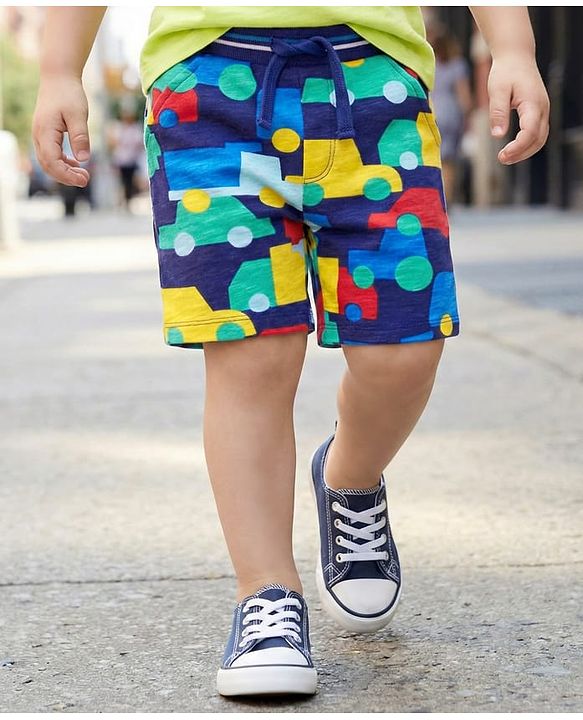Babyhug Terry Knit Mid Thigh Shorts With Car Print - Navy Blue