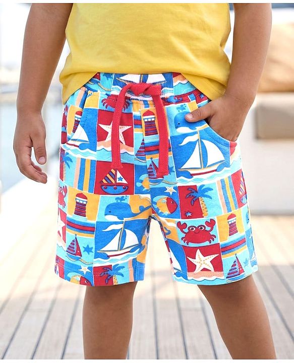 Babyhug Terry Knit Mid Thigh Shorts With Beach Theme Print - Light Blue