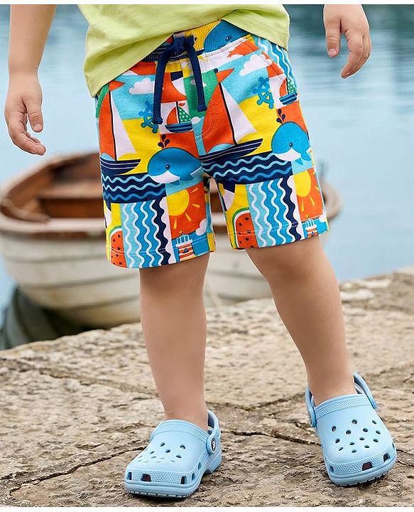 Babyhug Terry Knit Mid Thigh Shorts with Nautical Theme Print - White
