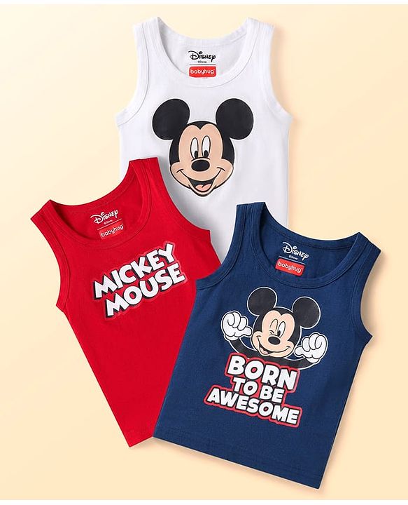 Babyhug Disney Interlock Knit Sleeveless Vests with Mickey Mouse Print Pack of 3 - Red White & Navy Blue