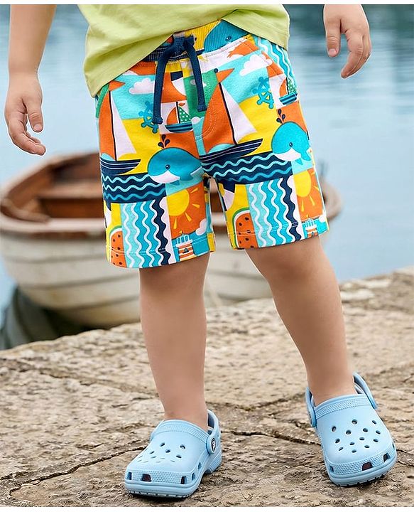 Babyhug Terry Knit Mid Thigh Shorts With Whale Print - Multicolor