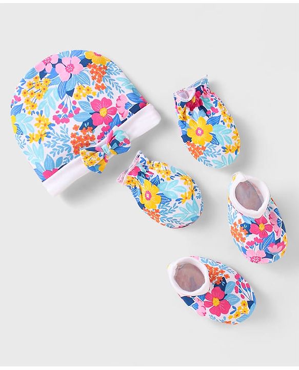 Babyhug 100% Cotton Cap Mittens And Booties Floral Print with Bow Applique Blue & Pink - Diameter 15