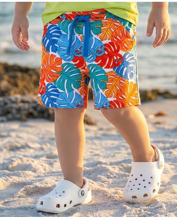 Babyhug Terry Knit Mid Thigh Shorts With Leaf Print - White