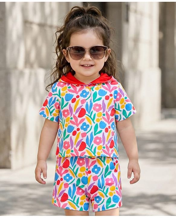 Babyhug Single Jersey Knit Half Sleeves Hooded T-Shirt & Shorts Set with Floral Print - White