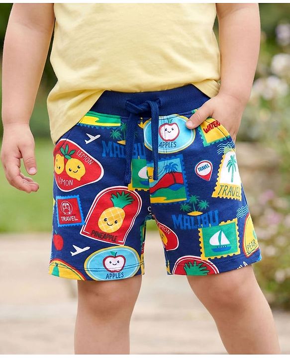 Babyhug Terry Knit Mid Thigh Shorts with Beach Theme Print - Navy Blue