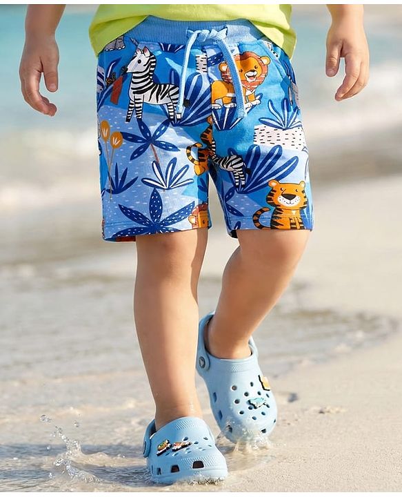 Babyhug Terry Knit Mid Thigh Shorts With Animal Print - Blue