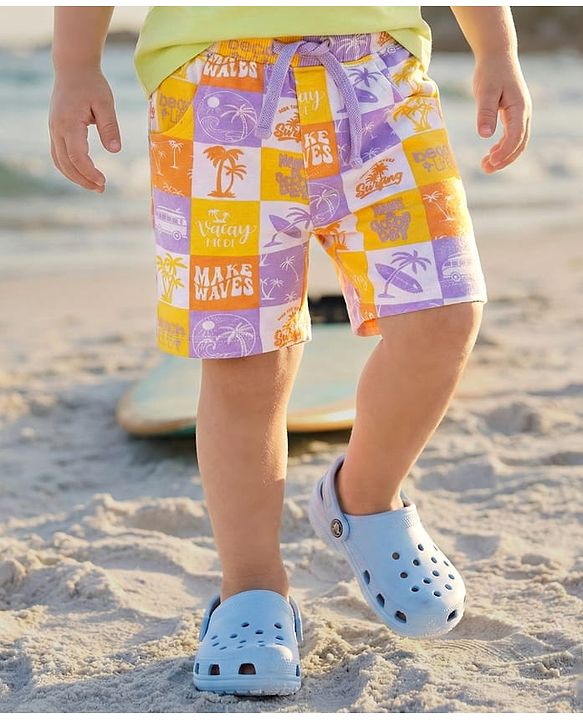 Babyhug Terry Knit Mid Thigh Shorts with Beach Theme Print - White