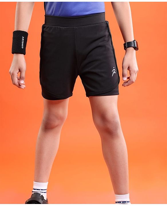 Pine Active Knit Knee Length Skin Friendly Active Stretch Solid Shorts with Tights - Black