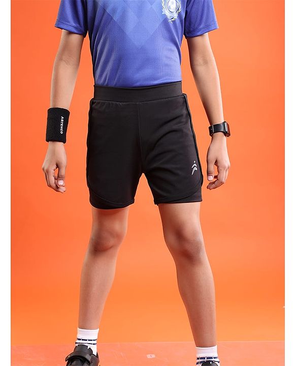 Pine Active Knit Knee Length Skin Friendly Active Stretch Solid Shorts with Tights - Black