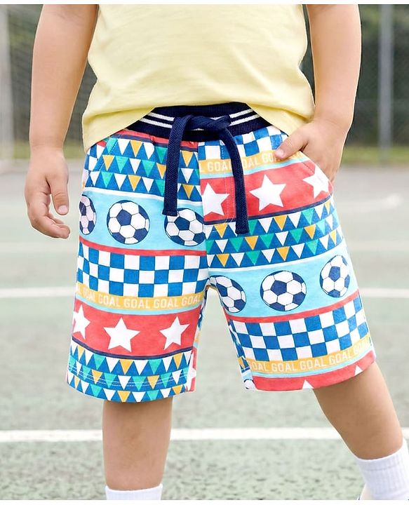 Babyhug Terry Knit Mid Thigh Shorts With Football Print - Multicolor