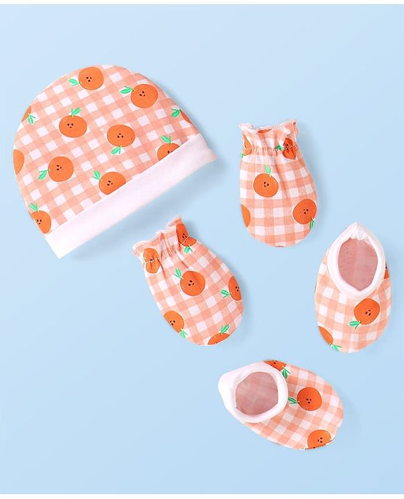 Babyhug 100% Cotton Knit Checkered Cap Mittens & Booties Set with Orange Print White - Diameter 10 cm
