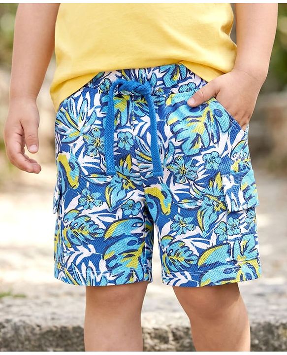 Babyhug Cotton Pique Knit Mid Thigh Shorts With Leaf Print - Blue