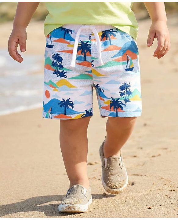 Babyhug Terry Knit Mid Thigh Shorts With Beach Print - White