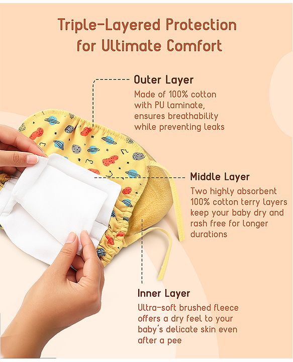 Babyhug Leak-Proof Cloth Langot Pack of 3 Large Solar Print - Multicolour | Triple Layer Protection | Reusable | Designed for Short Term Comfy Wear | Mess Free