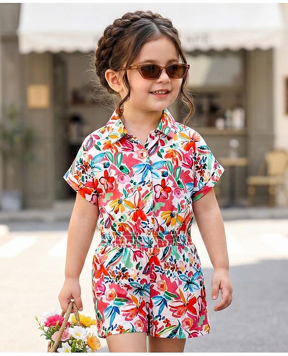 Babyhug Cotton Knit Half Sleeves Jumpsuit With Floral Print - Red Pink & White