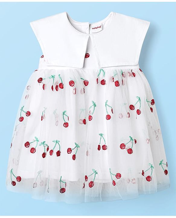 Babyhug Cotton Woven Sleeveless Frock With Cherry Embroidery - White