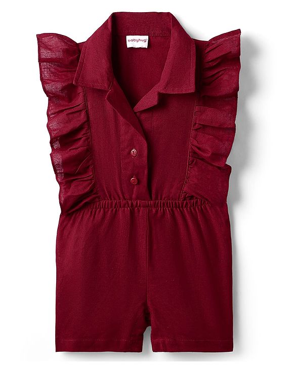 Babyhug Cotton Woven Frill Sleeves Solid Jumpsuit - Maroon