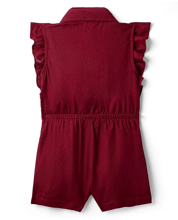 Babyhug Cotton Woven Frill Sleeves Solid Jumpsuit - Maroon