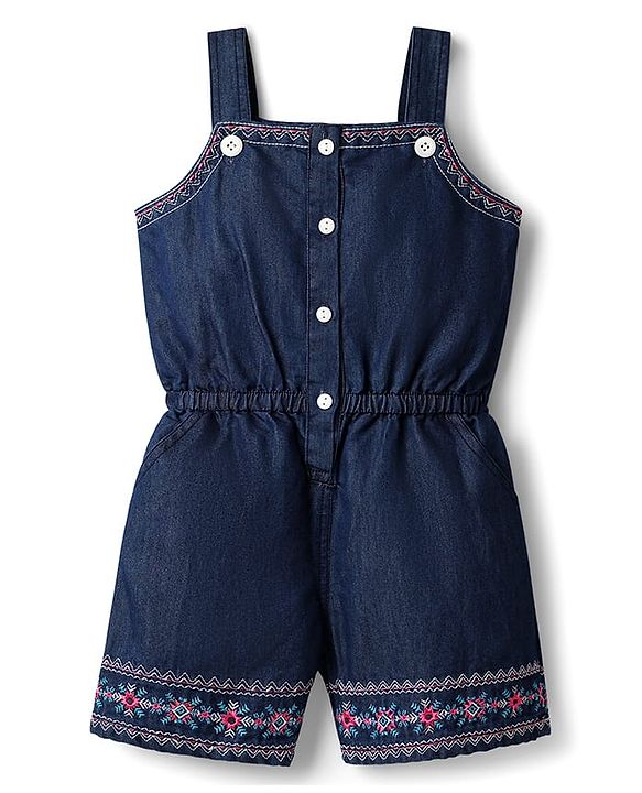 Babyhug Cotton Woven Sleeveless Jumpsuit With Floral Embroidery - Navy Blue