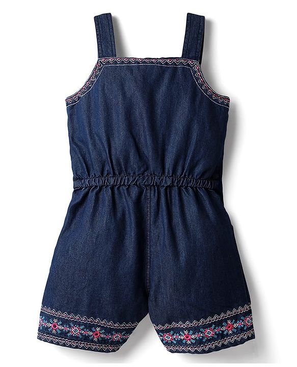 Babyhug Cotton Woven Sleeveless Jumpsuit With Floral Embroidery - Navy Blue