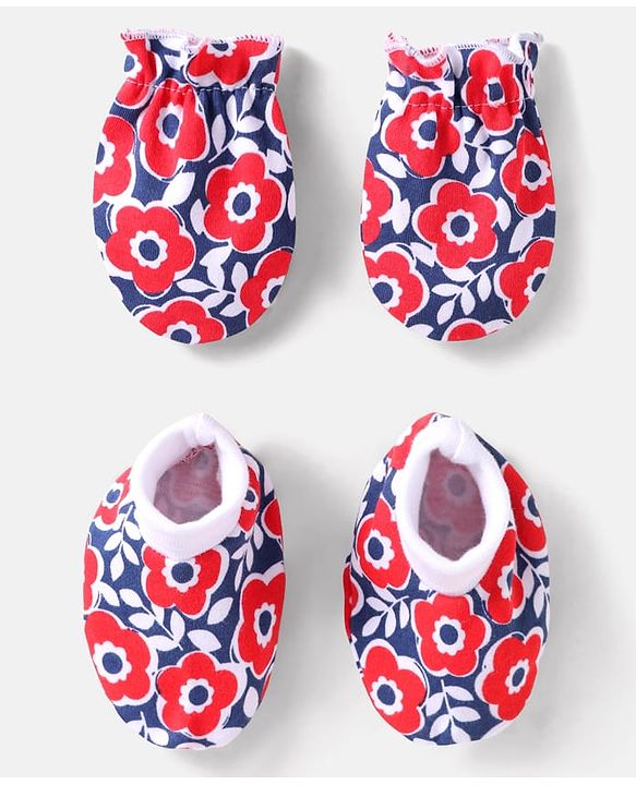 Babyhug 100% Cotton Knit Mittens & Booties with Floral Print - Red