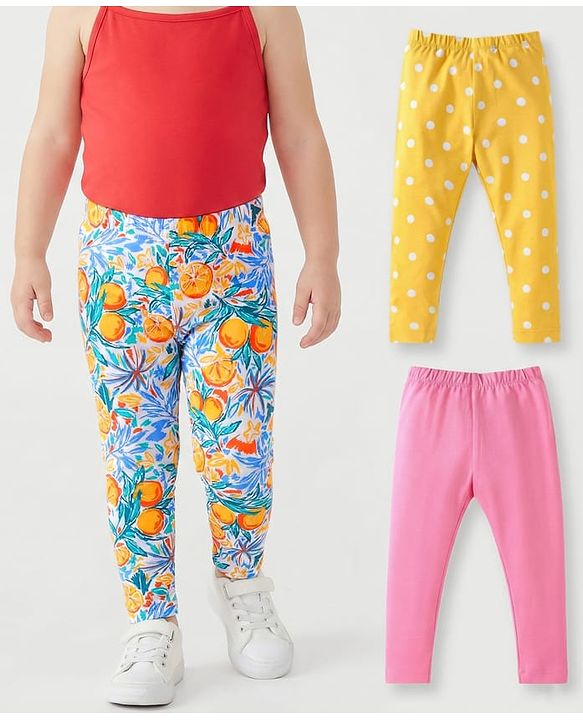 Babyhug Cotton Lycra Knit Full Length Leggings with Polka Dots & Fruits Print Pack of 3 - Mustard Pink & Blue