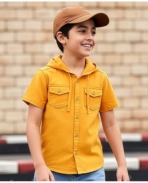 Pine Kids 100% Cotton Half Sleeves Solid Coloured Hooded Shirts - Mustard