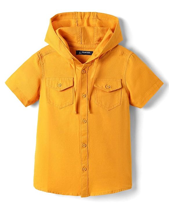 Pine Kids 100% Cotton Half Sleeves Solid Coloured Hooded Shirts - Mustard