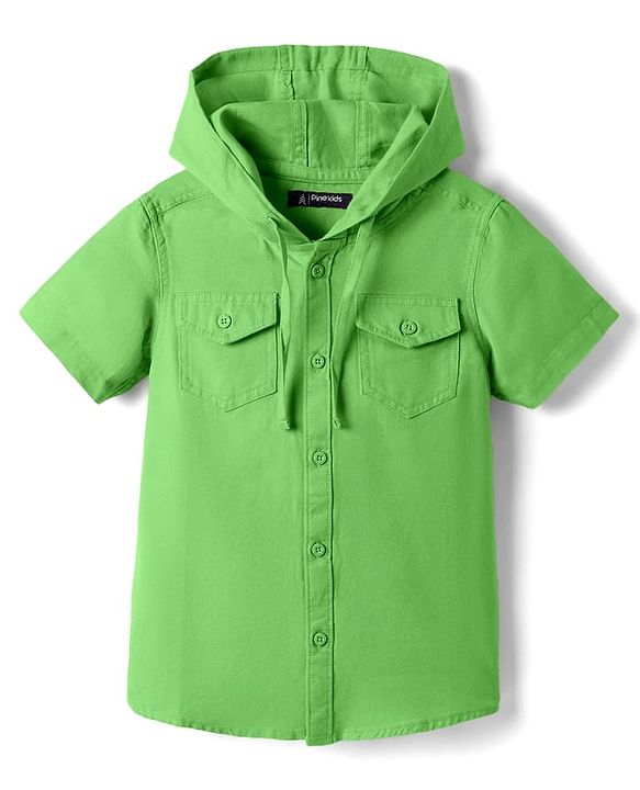 Pine Kids 100% Cotton Half Sleeves Solid Coloured Hooded Shirts - Mustard