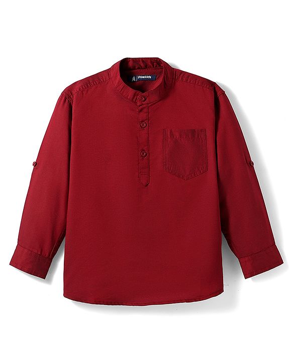 Pine Kids Cotton Woven Full Sleeves Solid Colour Mandarin Collar Shirt - Maroon