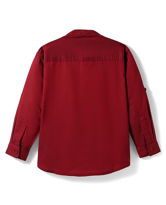 Pine Kids Cotton Woven Full Sleeves Solid Colour Mandarin Collar Shirt - Maroon