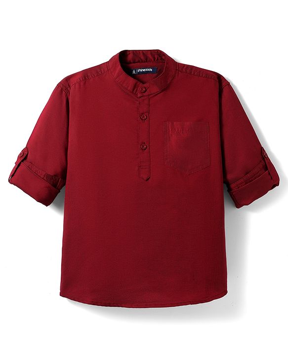 Pine Kids Cotton Woven Full Sleeves Solid Colour Mandarin Collar Shirt - Maroon