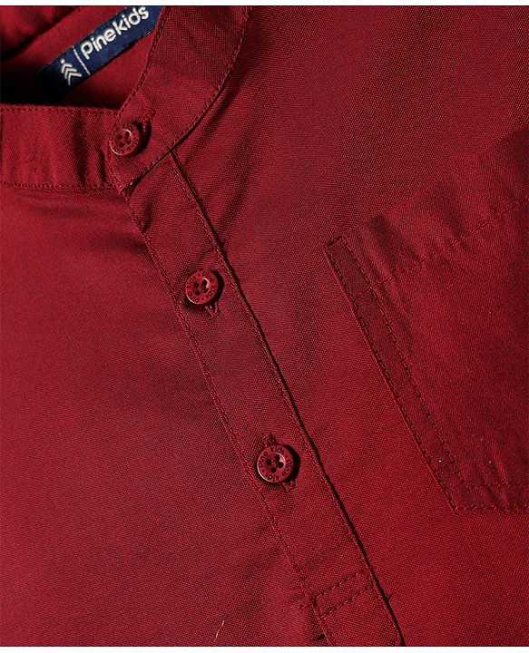 Pine Kids Cotton Woven Full Sleeves Solid Colour Mandarin Collar Shirt - Maroon