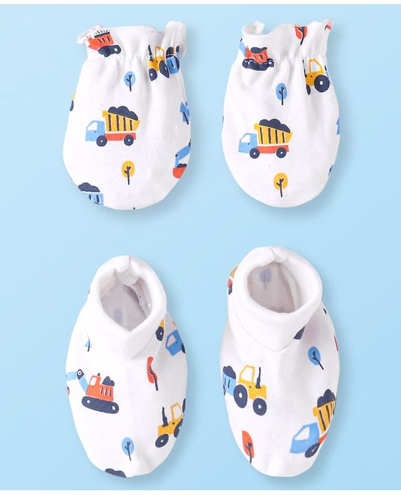 Babyhug 100% Cotton Knit Mittens & Booties Set with Vehicle Print - White