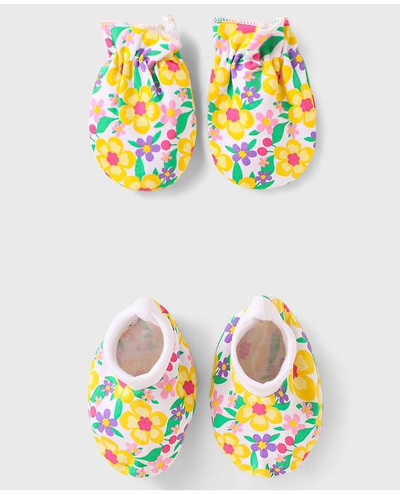 Babyhug 100% Cotton Knit Mittens & Booties with Floral Print - Yellow White