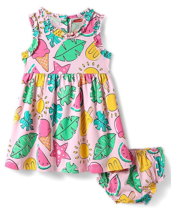 Babyhug Cotton Knit Sleeveless Frock with Boomer & Tropical Theme Print - Pink